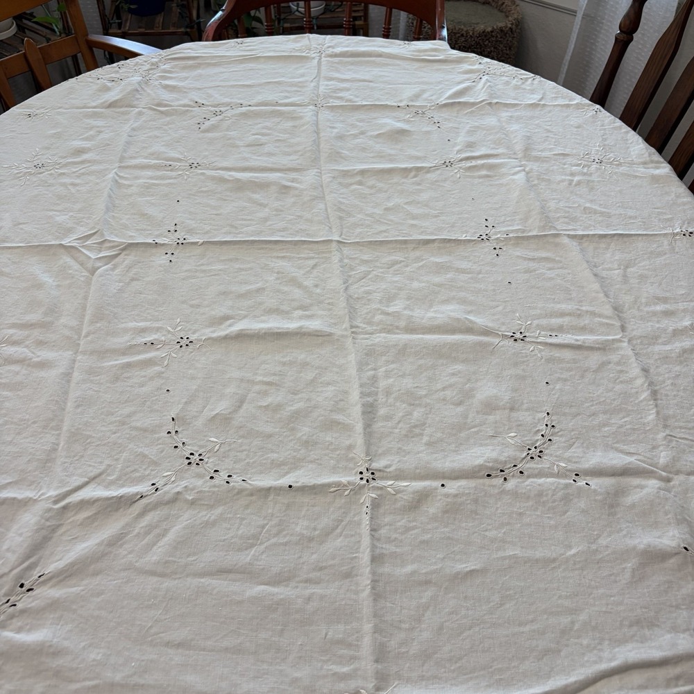 Vintage Madeira Cutwork Linen‎ Tablecloth Floral Urn Scalloped Edge